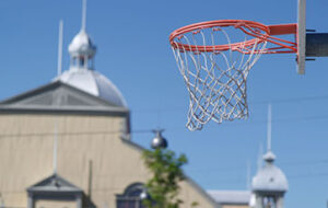 basketball net with the Aberdeen Pavilion in the background