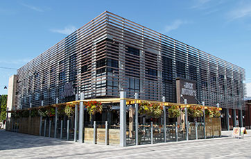 front of Jack Astor's restaurant with the patio at TD Place