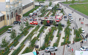 South court full of people and food trucks at TD Place