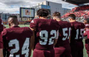 Ottawa GeeGees lined up for the national anthem at the 2017 Panda Game