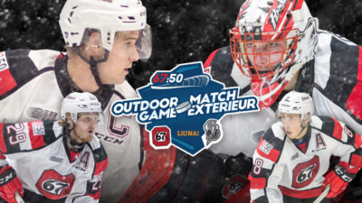 Image of 67's players with the Outdoor game logo