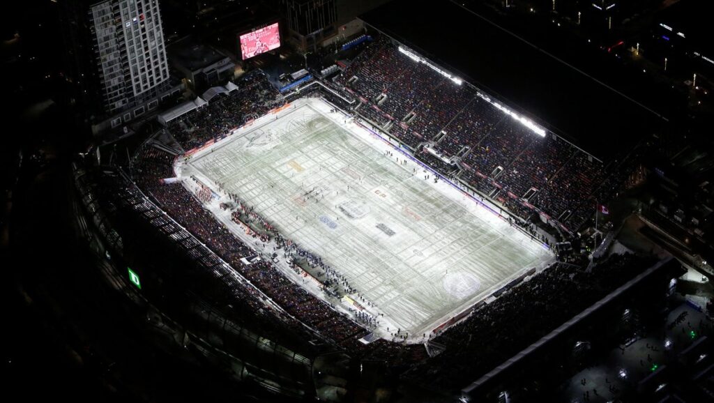 Aerial image of the Stadium at TD Place during Grey Cup from the East Canal side.
