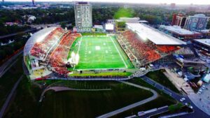 Aerial image of the Stadium at TD Place from the east canal side