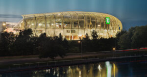 Image of stadium veil at TD Place at dusk with the TD Bank logo