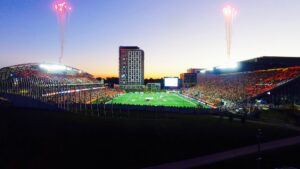 Image of the Stadium at TD Place during a REDBLACKS game with fireworks going off