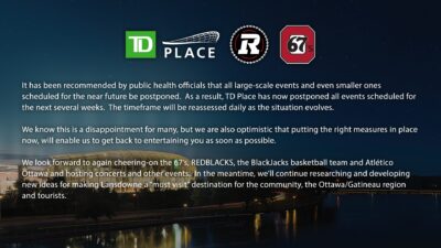 Image of TD Place with a message from CEO Mark Goudie about COVID closures