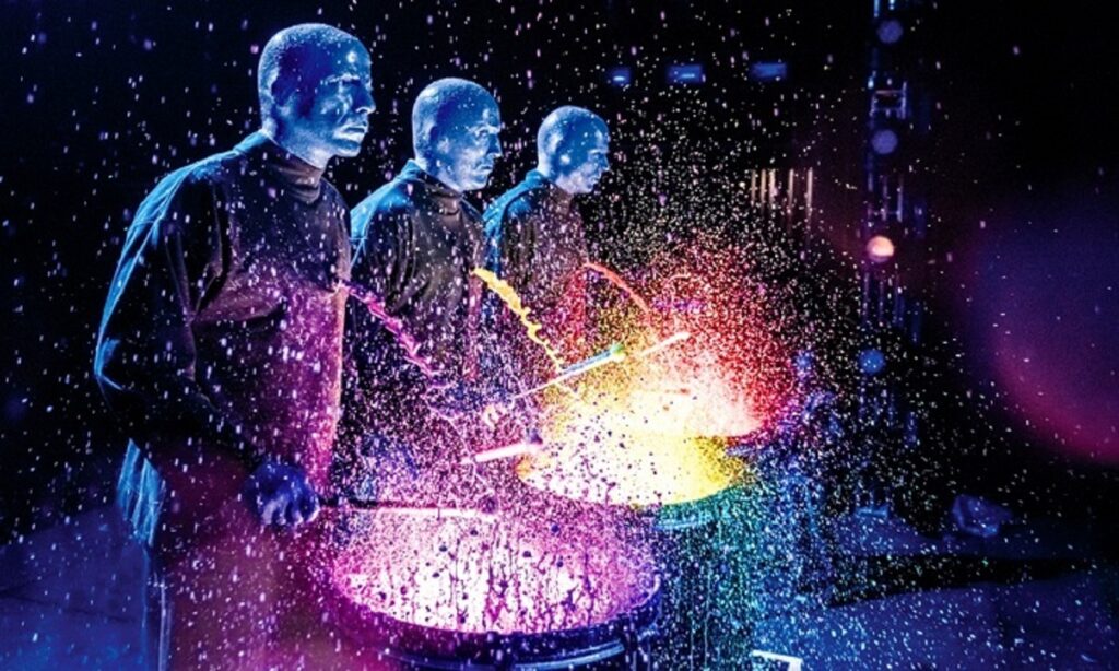 Image of the Blue Man Group performing on stage at TD place