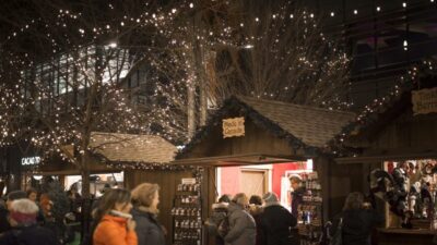 Ottawa Christmas Market vendors and shoppers at night