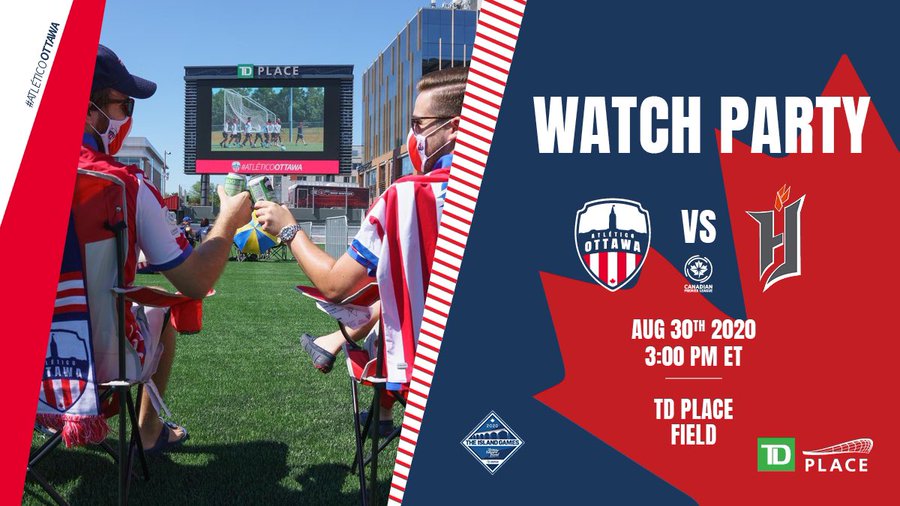 Image of Atlético fans watching the match on the large screen at TD Place promoting the watch party