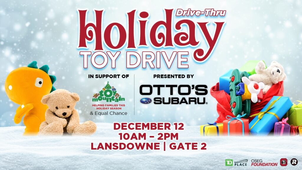 Graphic image promoting the Holiday Toy Drive-Thru at TD Place