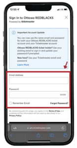 mobile phone with ticketmaster screen