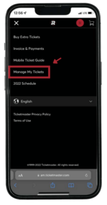 mobile phone with ticketmaster screen - Manage my Tickets