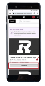 mobile phone with ticketmaster screen - select event