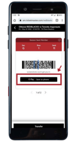 mobile phone with ticketmaster screen - save to phone google pay