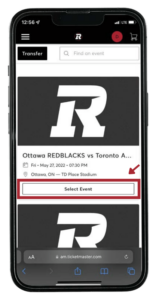 mobile phone with ticketmaster screen