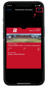 mobile phone with ticketmaster screen