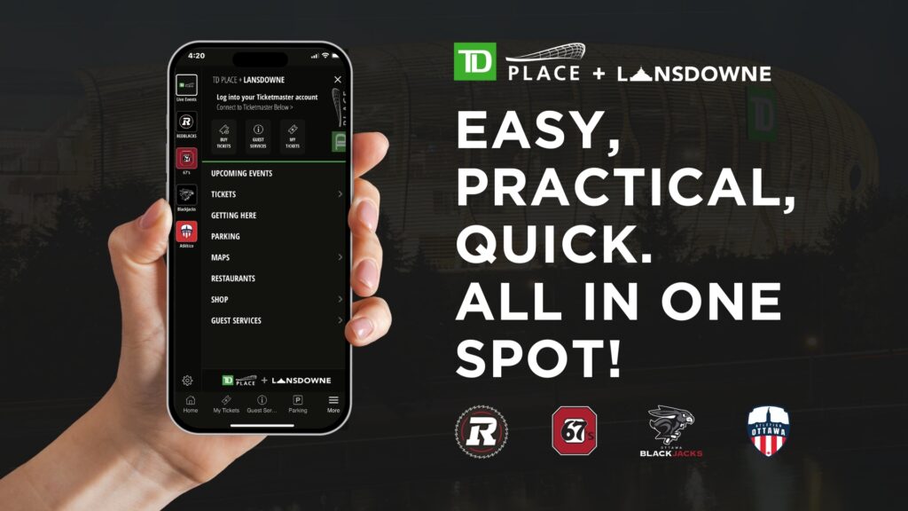 A hand showing a phone with TD Place Lansdowne APP